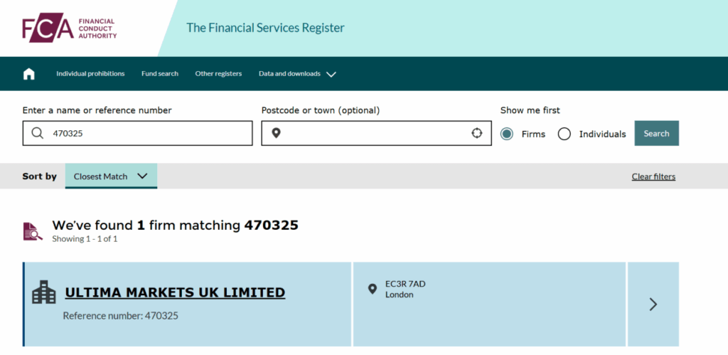 英国金融行为监管局FCA官网查询结果：Ultima Markets UK Limited 权威监管编号470325实拍截图
