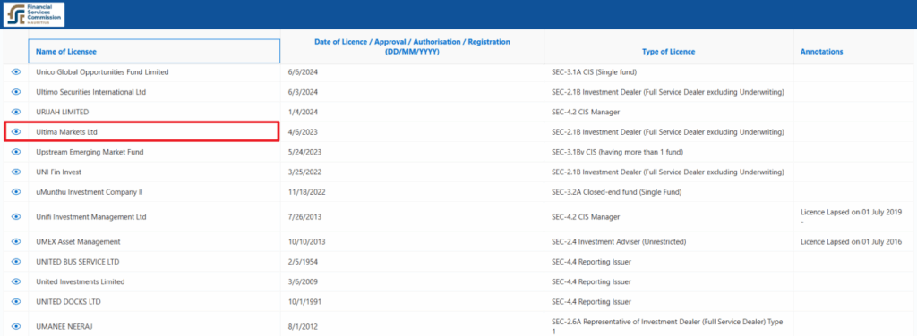 Ultima Markets毛里求斯FSC牌照