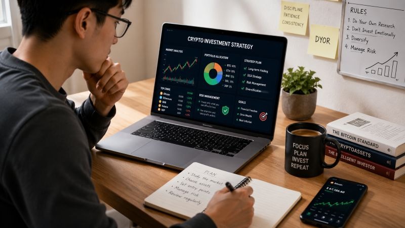 一名新手正在筆記本上規劃加密貨幣投資策略-Ultima Markets