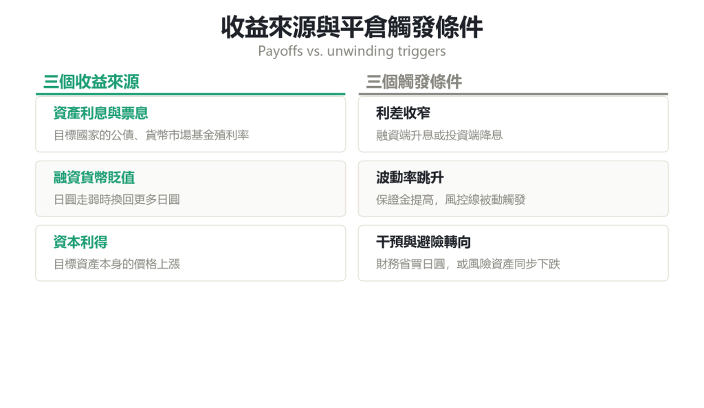 套息交易四步結構圖：借入低息貨幣、換匯、買入高息資產、收取利差