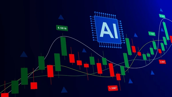 ภาพไมโครชิปที่มีตัวอักษร AI วางอยู่ตรงกลาง พร้อมกราฟราคาที่มีแนวโน้มขึ้น แสดงถึงการเติบโตของหุ้น AI 