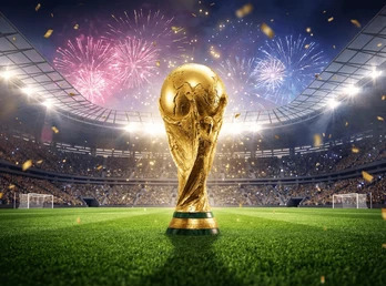 ถ้วยรางวัล FIFA 2026 ตั้งอยู่กลางสนามฟุตบอลพร้อมมีกองเชียร์และพลุมากมาย 