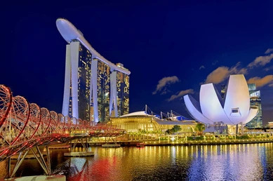 วิวเมืองกลางคืนของประเทศสิงค์โปร์ที่สวยงามและมีตึกมากมาย สื่อถึงการเป็นศุนย์กลางของเศรษฐกิจเอเชีย ซึ่งเป็นปัจจัยหนึ่งที่ส่งผลต่อราคา STI Index หรือ Straits Times Index 