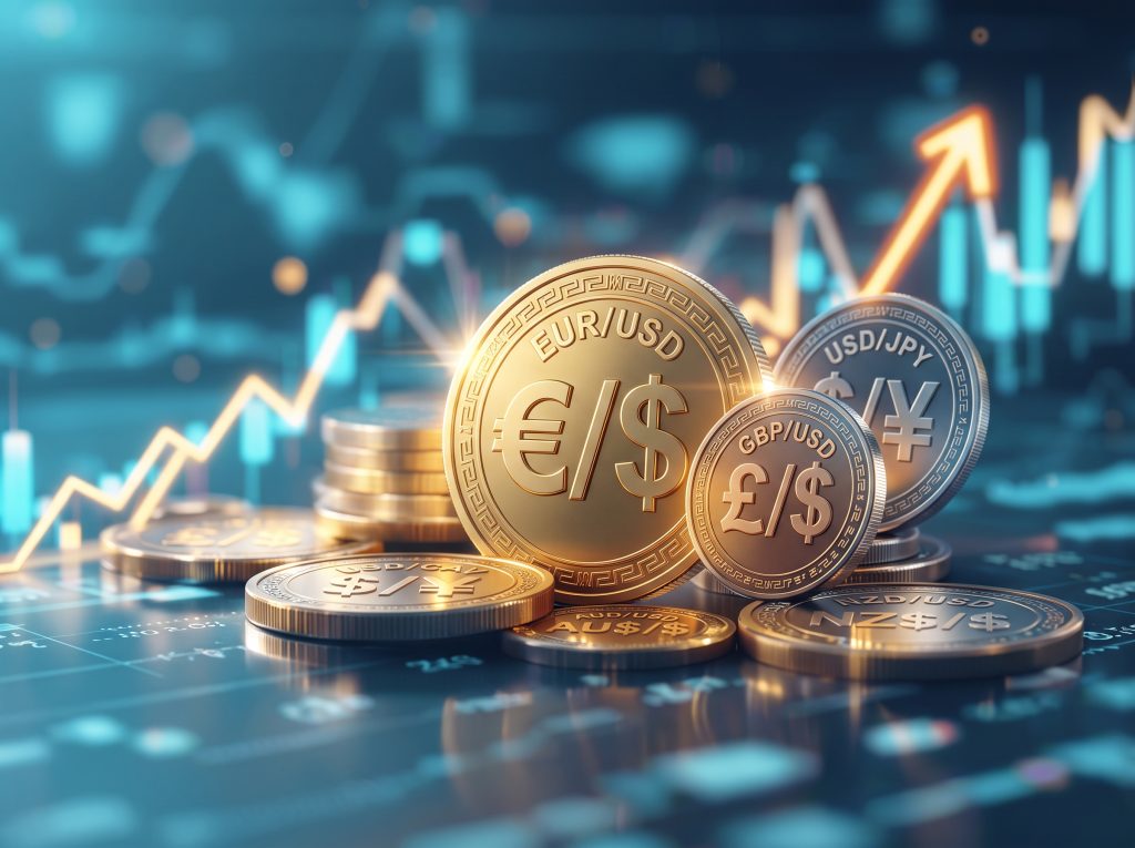 เหรียญทองที่มีสัญลักษณ์คู่เงินหลัก Forex และมีพื้นหลังเป็นกราฟราคา