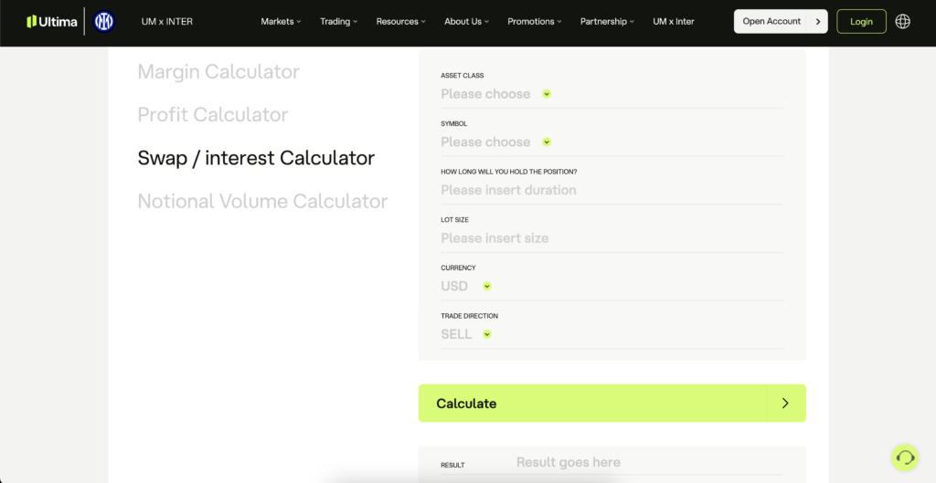 Công cụ tính phí qua đêm của Ultima Markets