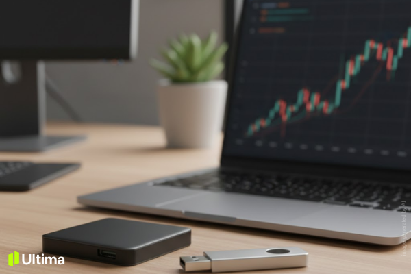 USB drive và ổ cứng di động chứa MT4 Portable trên bàn làm việc