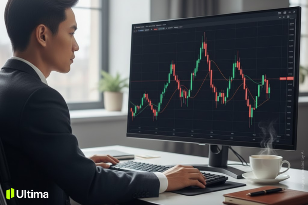 Trader phân tích mô hình vai đầu vai trên biểu đồ giao dịch