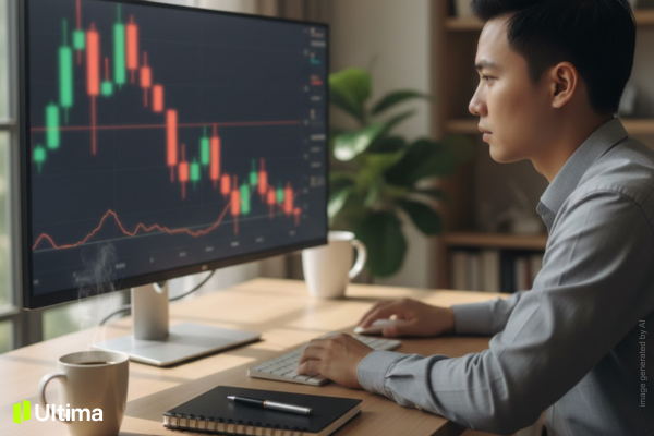 Trader phân tích kỹ thuật với biểu đồ giá trên màn hình