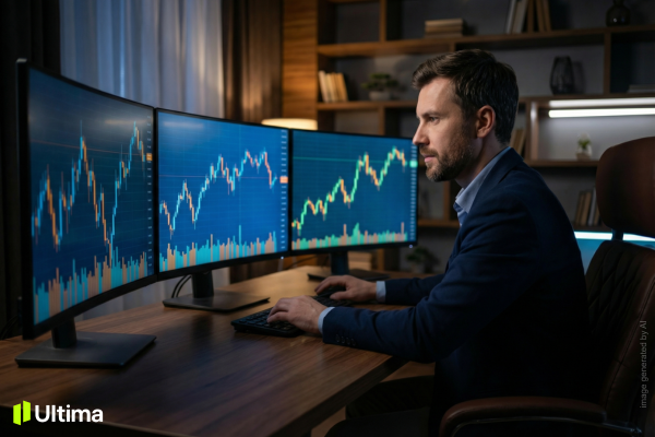 Trader cá nhân ngồi trước màn hình giao dịch Forex
