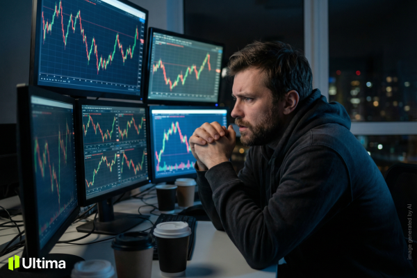 Trader căng thẳng nhìn biểu đồ thị trường biến động mạnh