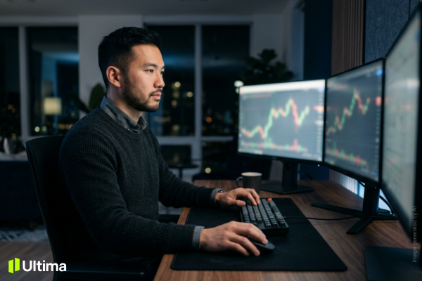Trader theo dõi biểu đồ và quản lý rủi ro khi thị trường biến động