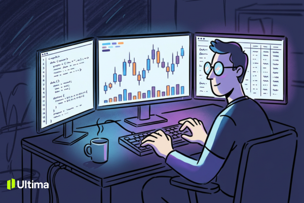 Quant trader phân tích dữ liệu thị trường qua màn hình code và biểu đồ tài chính