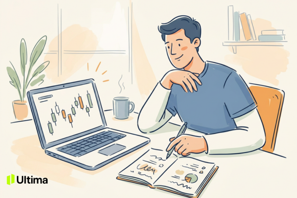 Trader lập kế hoạch vào lệnh với biểu đồ và sổ tay quản lý rủi ro