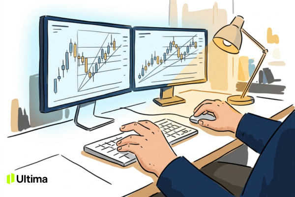 Trader phân tích Fibonacci retracement kết hợp sóng Elliott trên nền tảng giao dịch