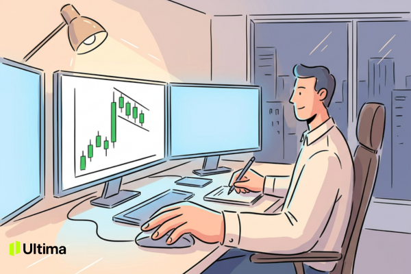 Trader theo dõi màn hình hiển thị xu hướng tăng mạnh trước khi điều chỉnh