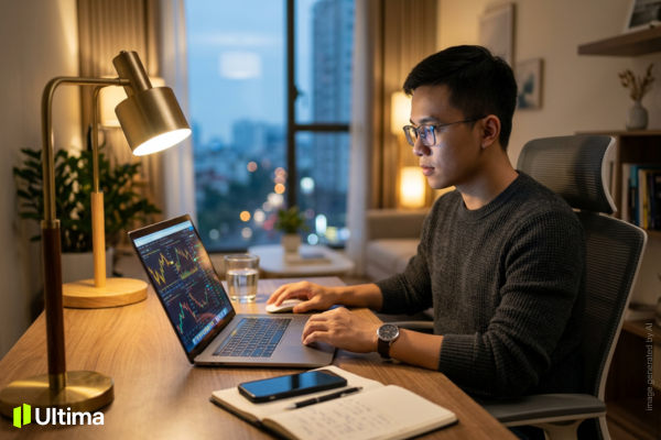 Nhà đầu tư trẻ giao dịch vàng và ngoại tệ trên nền tảng đa tài sản tại laptop, thể hiện kênh thị trường tài chính quốc tế linh hoạt
