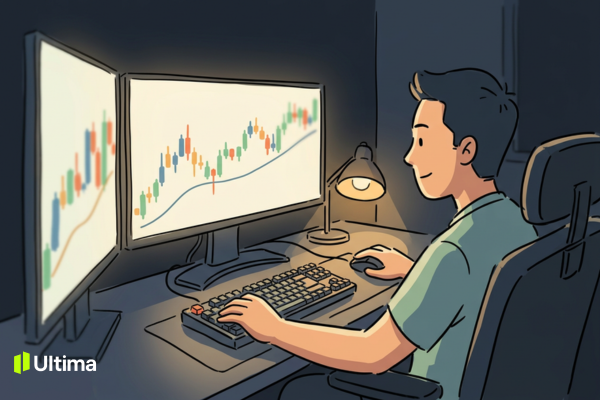 Trader phân tích biểu đồ vàng XAU/USD theo xu hướng với đường trung bình động trên màn hình giao dịch chuyên nghiệp