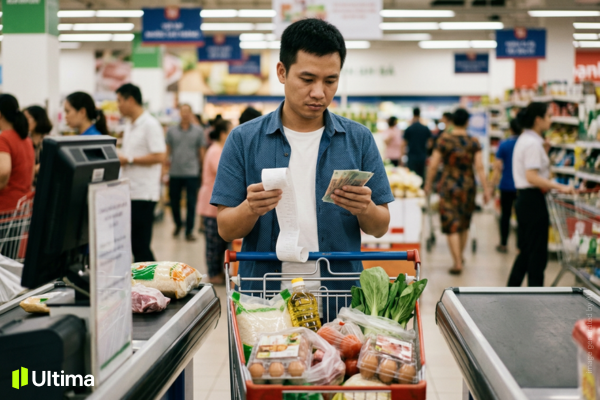 Người đàn ông Việt nhìn hóa đơn mua sắm tăng cao trong khi cầm cùng một số tiền mặt, thể hiện tiền mất giá theo thời gia