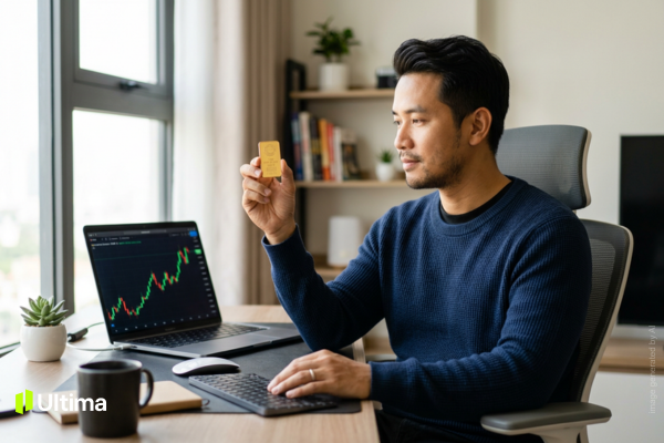 Người Việt so sánh vàng vật chất cầm tay và biểu đồ giao dịch vàng quốc tế XAU/USD trên màn hình, thể hiện sự lựa chọn giữa hai hình thức đầu tư vàng