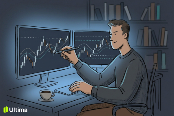 Trader phân tích sóng giá trên biểu đồ kết hợp Elliott Wave và Fibonacci