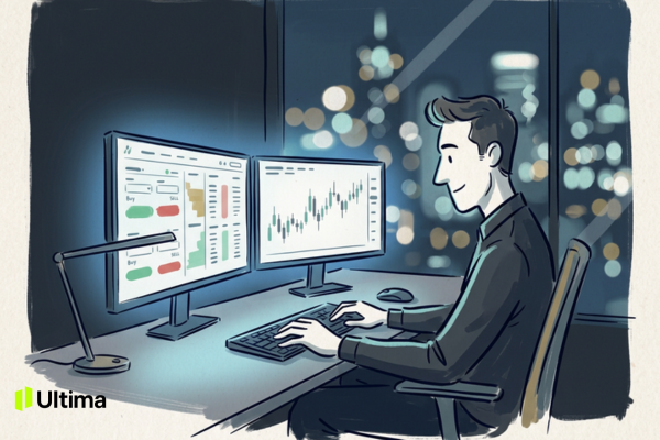 Trader theo dõi nhiều lệnh Buy Sell trên màn hình để tính vị thế ròng net position