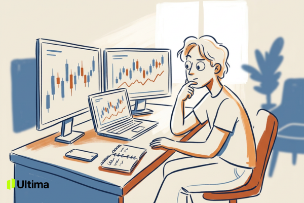 Trader phân tích nhiều công cụ đầu tư trên màn hình giao dịch