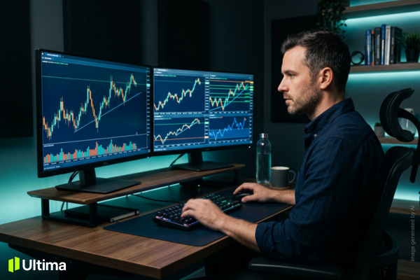 Trader phân tích biểu đồ giá trên màn hình kép khi backtest chiến lược forex