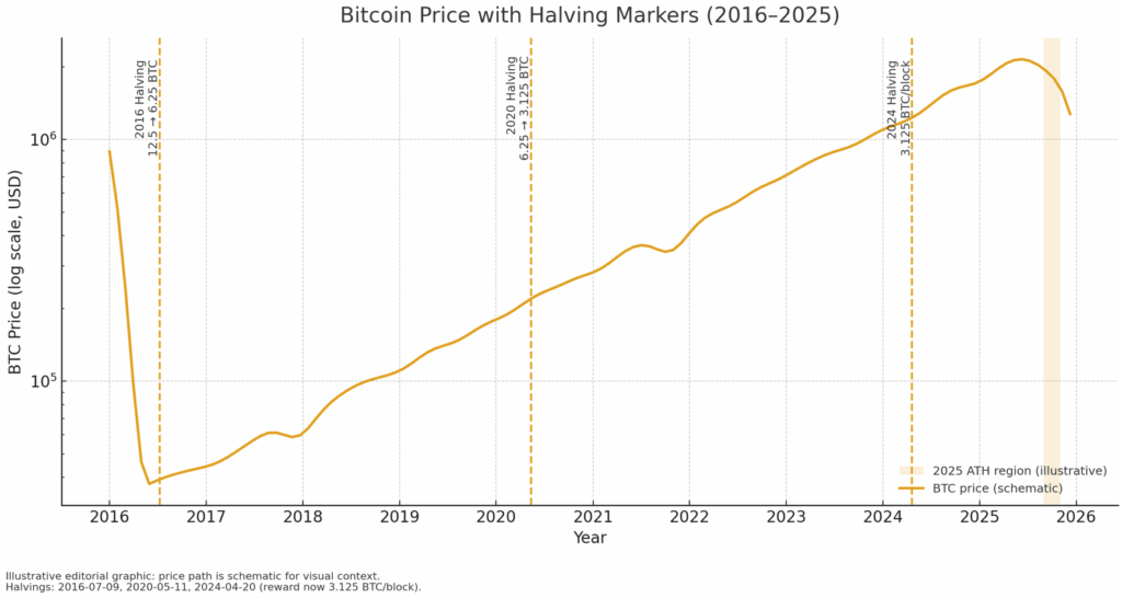 Bitcoin price with halving dates and 2025 all-time highs