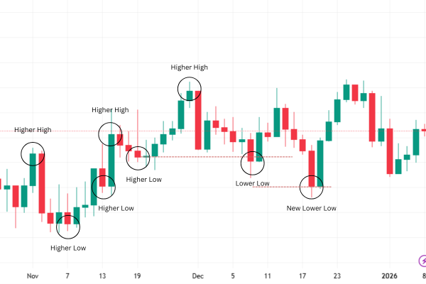 A chart showing Higher Highs and Higher Lows with Higher High Lower Low. - Ultima Markets