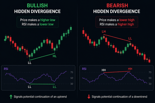 Difference between a bullish hidden divergence vs a bearish hidden divergence. - Ultima Markets