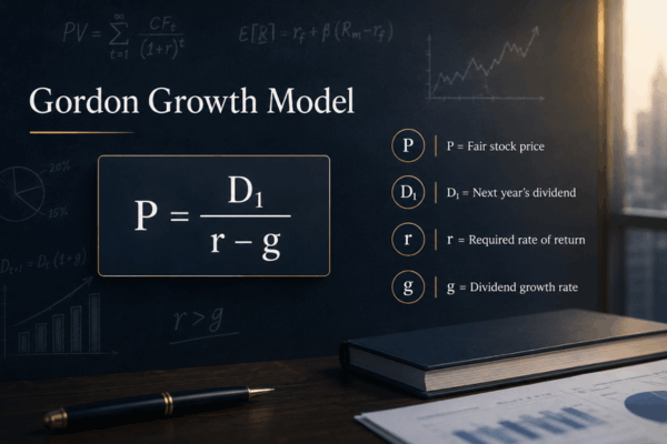 The formula of the gordon growth model is represented with P = D₁ / (r - g). - Ultima Markets