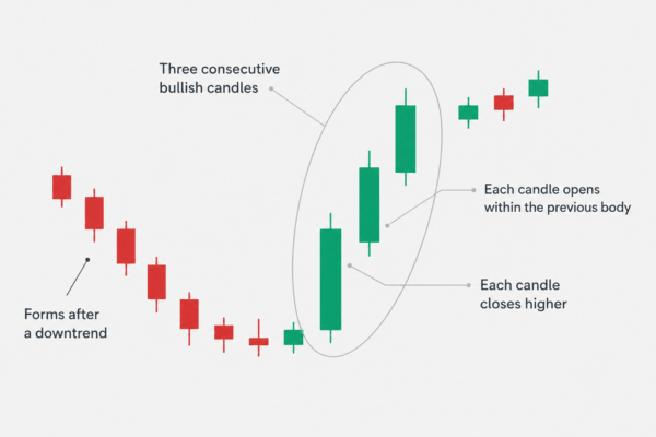 The three white soldiers candle pattern is a bullish reversal candlestick formation that signals a potential shift from selling pressure to buying momentum. - Ultima Markets