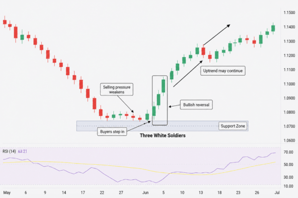 After the three white soldiers candle pattern, price may continue trending upward. - Ultima Markets