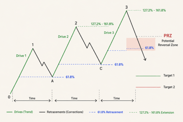 The completion of the third drive creates the Potential Reversal Zone (PRZ). - Ultima Markets